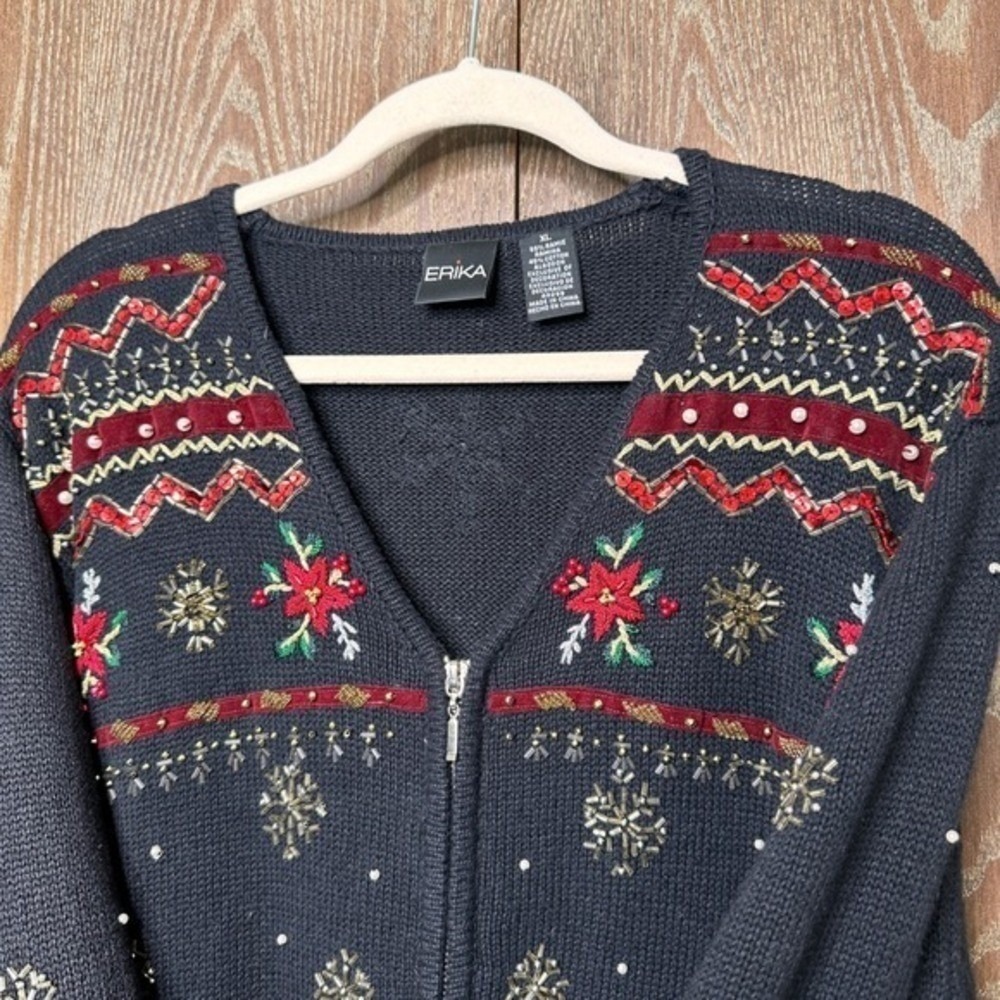 Vtg Christmas Sweater Black Beaded Sequin Poinsettia Snowflake Zip Up Womens XL - Picture 5 of 10